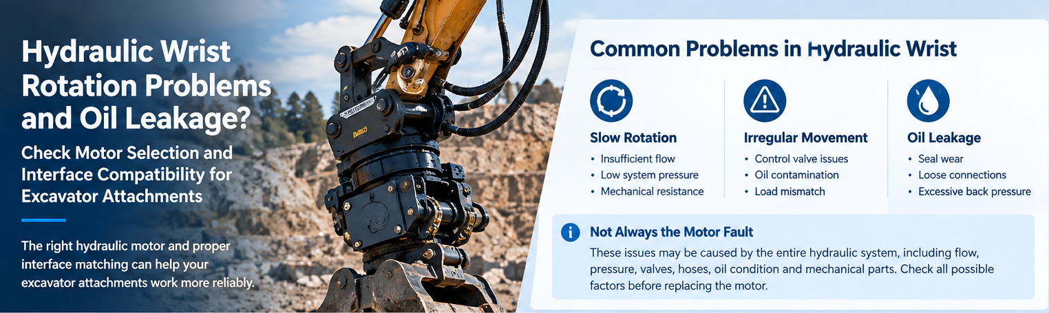 Blog công ty mới nhất về Hydraulic Wrist Rotation Problems and Oil Leakage: Checking Motor Selection and Interface Compatibility for Excavator Attachments